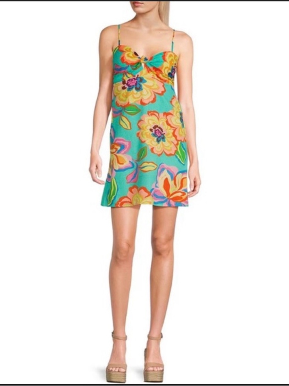 Gianni Bini Turquoise Floral Mini Dress with Yellow, Pink & Green